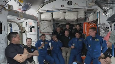 UAE astronaut Sultan Al Neyadi addressing the live stream audience after arriving at the space station. Photo: NASA