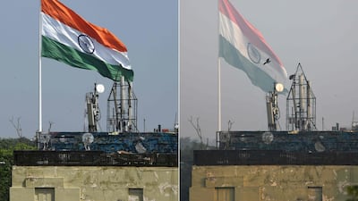 The Indian national flag flying in New Delhi on September 12, left; and the same scene amid heavy smog conditions on October 30.