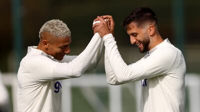 Richarlison and Rodrigo Bentancur during training ahead of Spurs' Champions League Group D match against Eintracht Frankfurt on Monday, October 3, 2022. Getty