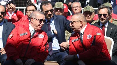 Turkish President Recep Tayyip Erdogan, left, and Azerbaijan President Ilham Aliyev during a Turkish technology and aviation festival in Baku in May. AP Photo