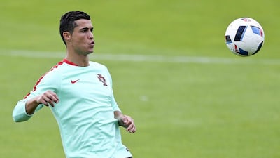 Portugal player Cristiano Ronaldo during a training session at the French national rugby team’s camp in Marcoussis near Paris, France, 24 June 2016. Portugal will play Croatia on 25 June in Lens for the round of 16 of Uefa Euro 2016. Miguel A Lopes / EPA