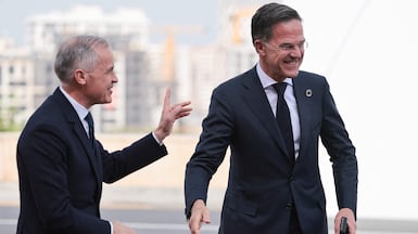 Canadian Prime Minister Mark Carney and Nato Secretary General Mark Rutte arrive to attend the 8th European Political Community summit in Yerevan on Monday. AFP