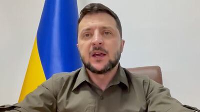 Ukrainian President Volodymyr Zelenskyy speaks from Kyiv on April 13. Ukrainian Presidential Press Office / AP