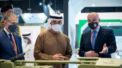 Sheikh Mohamed bin Zayed tours Idex on the third day of the exhibition, held at Adnec in Abu Dhabi on Tuesday. Ministry of Presidential Affairs