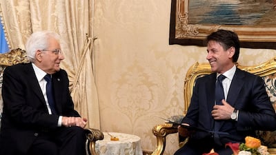 Italy's Prime Minister-designate Giuseppe Conte talks with the Italian President Sergio Mattarella at the Quirinal Palace in Rome, Italy, May 31, 2018. Italian Presidential Press Office/Handout via REUTERS ATTENTION EDITORS - THIS IMAGE HAS BEEN SUPPLIED BY A THIRD PARTY.