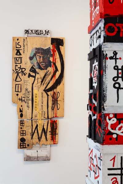 Douglas Abdell's work from the 1970s collaged together movie posters from Chinatown in downtown New York City. Photo: Ab-Anbar Gallery