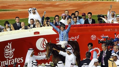 Jockey William Buick riding Prince Bishop wins the Dubai World Cup at the Meydan Racecourse in Dubai. (Satish Kumar/The National)