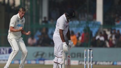 New Zealand bowler Kyle Jamieson celebrates after bowling India's Ravichandaran Ashwin for 32. AP