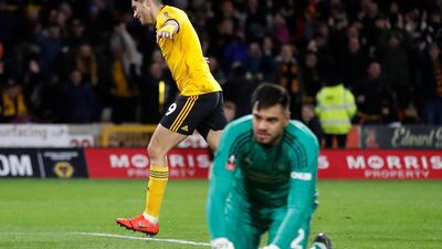 Wolverhampton Wanderers' Raul Jimenez celebrates scoring their first goal. Reuters