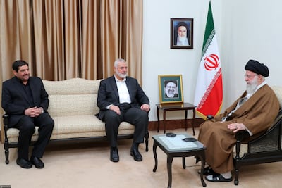 From left, Iran’s acting president Mohammad Mokhber, Hamas leader Ismail Haniyeh and Ayatollah Ali Khamenei, Iranian supreme leader, in talks in Tehran. EPA