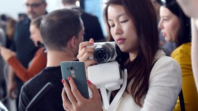 The new LG G4 phone after a press conference to launch the new flagship phone for 2015 at One World Trade Center on April 28, 2015 in New York City. Timothy Clary / AFP