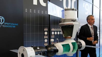 A model of the craft, part of an orbiting hotel, is displayed during the MAKS International Aviation and Space Salon in Zhukovsky on August 18, 2011.