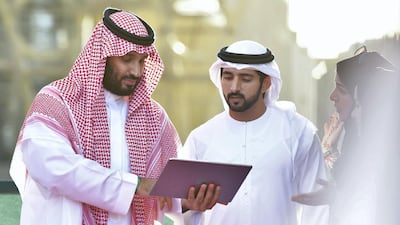 Sheikh Hamdan bin Mohammed, Crown Prince of Dubai, and Saudi Crown Prince Mohammed bin Salman visit the Expo 2020 Dubai site on Thursday. Wam