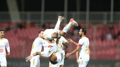 Fateh players celebrate after scoring a goal during the Saudi Professional League soccer match between Al- Ittihad and Fateh at King Abdullah Sport City Stadium, Jeddah, Saudi Arabia. EPA