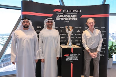 From left: Ali Al Beshr, general manager, Yas Marina Circuit, Saif Al Noaimi, Ethara chief executive, and David Powell, Ethara's chief portfolio & strategy officer. Victor Besa / The National