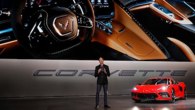Tadge Juechter, Corvette executive chief engineer, introduces the 2020 mid-engine C8 Corvette Stingray by GM during a news conference on July 18, 2019 in Tustin, California. Reuters