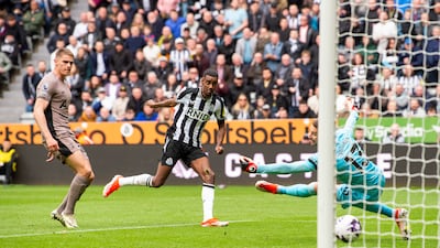 Alexander Isak of Newcastle United scores their third goal against Tottenham Hotspur in the 4-0 Premier League victory at St James' Park on April 13, 2024. EPA