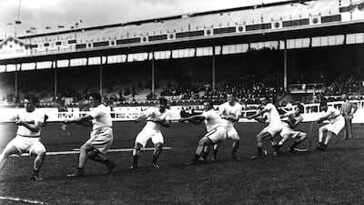 The US tug-of-war team during the 1908 London Olympics at White City Stadium. Getty Images