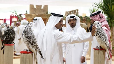 Visitors were quick to check out the falcons at the Abu Dhabi International Hunting and Equestrian Exhibition on Tuesday. Adihex, which also features hunting equipment, horses and salukis, runs until Saturday. Pawan Singh / The National