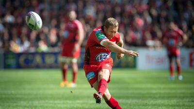 Toulon fly-half Jonny Wilkinson kicks a penalty shot during the European Cup semi-final against Munster, which Toulon won at the Velodrome stadium in Marseille, France, on Sunday. Bertrand Langlois / AFP / April 27, 2014