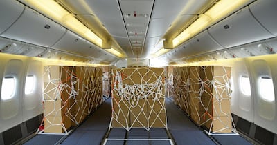 The modified cabins allow for 17 tonnes of extra cargo capacity per flight, on top of the 40 to 50-tonne capacity in the belly hold. Courtesy Emirates