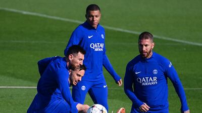 Kylian Mbappe, Lionel Messi, Pablo Sarabia and Sergio Ramos during training. AFP