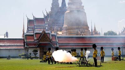 Thai royal guards fire an artillery gun salute during the coronation ceremony of Thai King Maha Vajiralongkorn Bodindradebayavarangkun outside the Grand Palace in Bangkok, Thailand. The elaborate three-day traditional coronation ceremony of Thai King Maha Vajiralongkorn is a formal ceremony to complete the monarch's accession to the throne. EPA