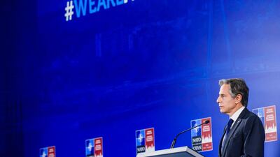 US Secretary of State Antony Blinken addresses a press conference at the Nato Foreign Ministers meeting in Riga, Latvia. AFP