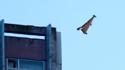 A Russian drone attacks a building during Russia's missile and drone air attack in Kyiv. AP