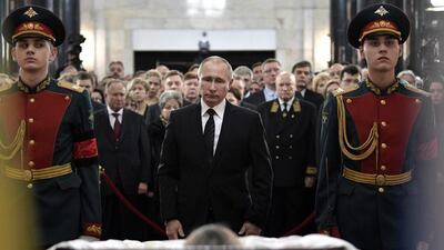 Russian president Vladimir Putin attending the memorial ceremony held for Russia’s ambassador to Turkey Andrei Karlov, who was shot dead by an off-duty policeman while delivering a speech in an Ankara art gallery on December 19, in Moscow. Sputnik /Kremlin /Alexei Nikolskyi / Reuters