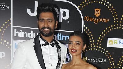 Vicky Kaushal in Manish Malhotra and Radhika Apte in Gaurav Gupta attend the India's Most Stylish Awards in Mumbai on March 29, 2019. AFP