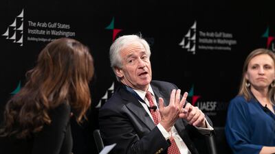 Ambassador Alexander Rondos, EU Special Representative for the Horn of Africa, speaks to moderator Mina Al Oraibi, Editor in Chief at The National, at Session I: Growing Global and Regional Competition in the Horn of Africa and Red Sea, at the UAE Security Forum 2019: Reshaping the Future of the Horn of Africa, at NYU AD. Reem Mohammed /The National