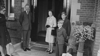 Queen Elizabeth II with her sons Prince Andrew and Prince Edward on the latter's first day at Heatherdown Preparatory School, near Ascot, in 1972
