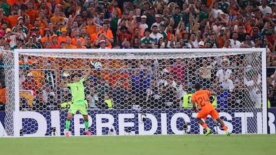 Netherlands' Crysencio Summerville misses a penalty during the shoot-out. Reuters