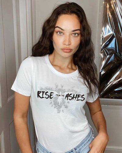 Saudi-Australian model Shanina Shaik wearing Zuhair Murad's Rise from the Ashes T-shirt. Instagram / shaninamshaik