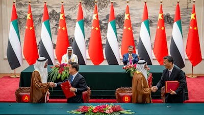 Sheikh Mohamed and Mr Xi witness a signing ceremony at the Great Hall of the People. Sheikh Abdullah bin Zayed, Minister of Foreign Affairs, and Hussain Al Hammadi, UAE ambassador to China, handed over the agreements.