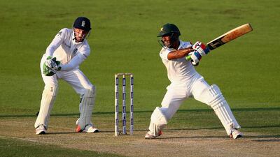Asad Shafiq of Pakistan plays a shot against England on Tuesday during the opening day of the first Test in Abu Dhabi. Francois Nel / Getty Images
