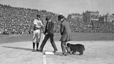 This 1916 photo provided by the Chicago History Museum shows two men walking with a bear cub near third base on the field at Weeghman Park in Chicago, later to be named Wrigley Field, during a Chicago Cubs baseball game. It is one of the memorable moments in Wrigley Field history as the ballpark approaches its 100th anniversary. AP / Chicago History Museum