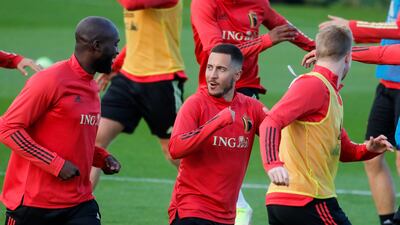Belgium's Eden Hazard, centre, and Romelu Lukaku during a training session ahead of their Nations League semi-final against France on October 7 in Turin. EPA