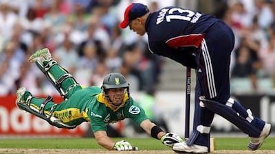 South Africa's AB de Villiers, left, is run out by England's Matthew Prior during the third Natwest one-day International between England and South Africa at The Brit Oval in London, in August 2008.