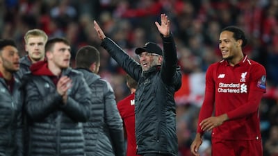 Liverpool manager Jurgen Klopp celebrates his sides victory in the Uefa Champions League semi-final against Barcelona at Anfield. Getty.