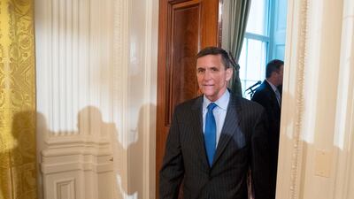 National Security Adviser Michael Flynn arrives for a White House senior staff swearing in ceremony in 2017. AP