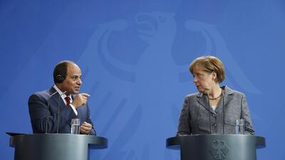 German Chancellor Angela Merkel and Egypt's president Abdel Fattah El Sisi address a joint news conference following talks at the Chancellery in Berlin, Germany on June 3, 2015. Fabrizio Bensch/Reuters