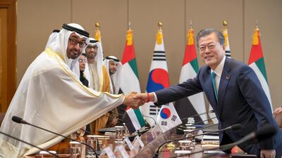 Moon Jae-In, President of South Korea, wears the Special Olympics wrist band as he greets Sheikh Mohamed bin Zayed during the official visit of the Crown Prince of Abu Dhabi and Deputy Supreme Commander of the Armed Forces to the Blue House in Seoul. Ryan Carter / Ministry of Presidential Affairs