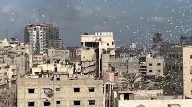 Death by a Thousand Cuts shows evacuation leaflets being airdropped over Gaza between October 2023 and October 2025. Photo: Forensic Architecture