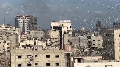 Death by a Thousand Cuts shows evacuation leaflets being airdropped over Gaza between October 2023 and October 2025. Photo: Forensic Architecture