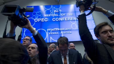 Journalists at the opening of the Opec meeting in December. The next Opec ministerial meeting is on June 2. Joe Klamar / AFP