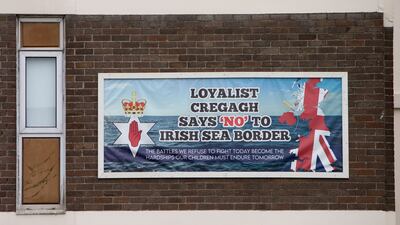 Anti-Irish Sea Border poster is seen on an apartment block pole in the Loyalist Cregagh Road area of east Belfast, County Antrim, Northern Ireland. Photo: Paul McErlane