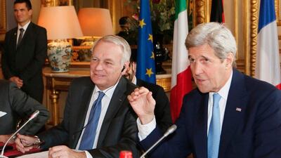 French foreign minister Jean-Marc Ayrault, left, and US secretary of state John Kerry attend a meeting at the Quai d’Orsay ministry in Paris on March 13, 2016. Gonzalo Fuentes / via AP
