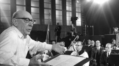 Composer Igor Stravinsky (1882-1971) conducts the NDR Symphony Orchestra in Hamburg, 1965. Photo picture-alliance/dpa/AP Images.